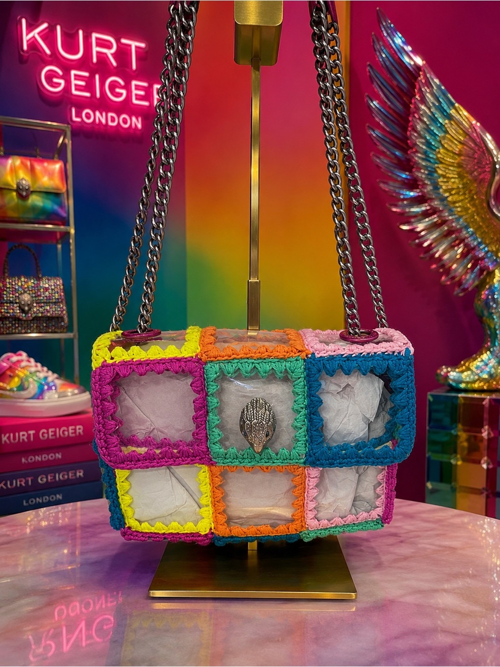 Kurt Geiger London Medium Kensington Clear Rainbow Crochet Shoulder Bag